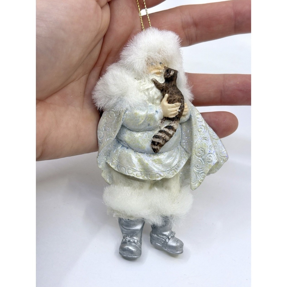 Christmas Santa With Raccoon Silver‎ Sparkle Ornament